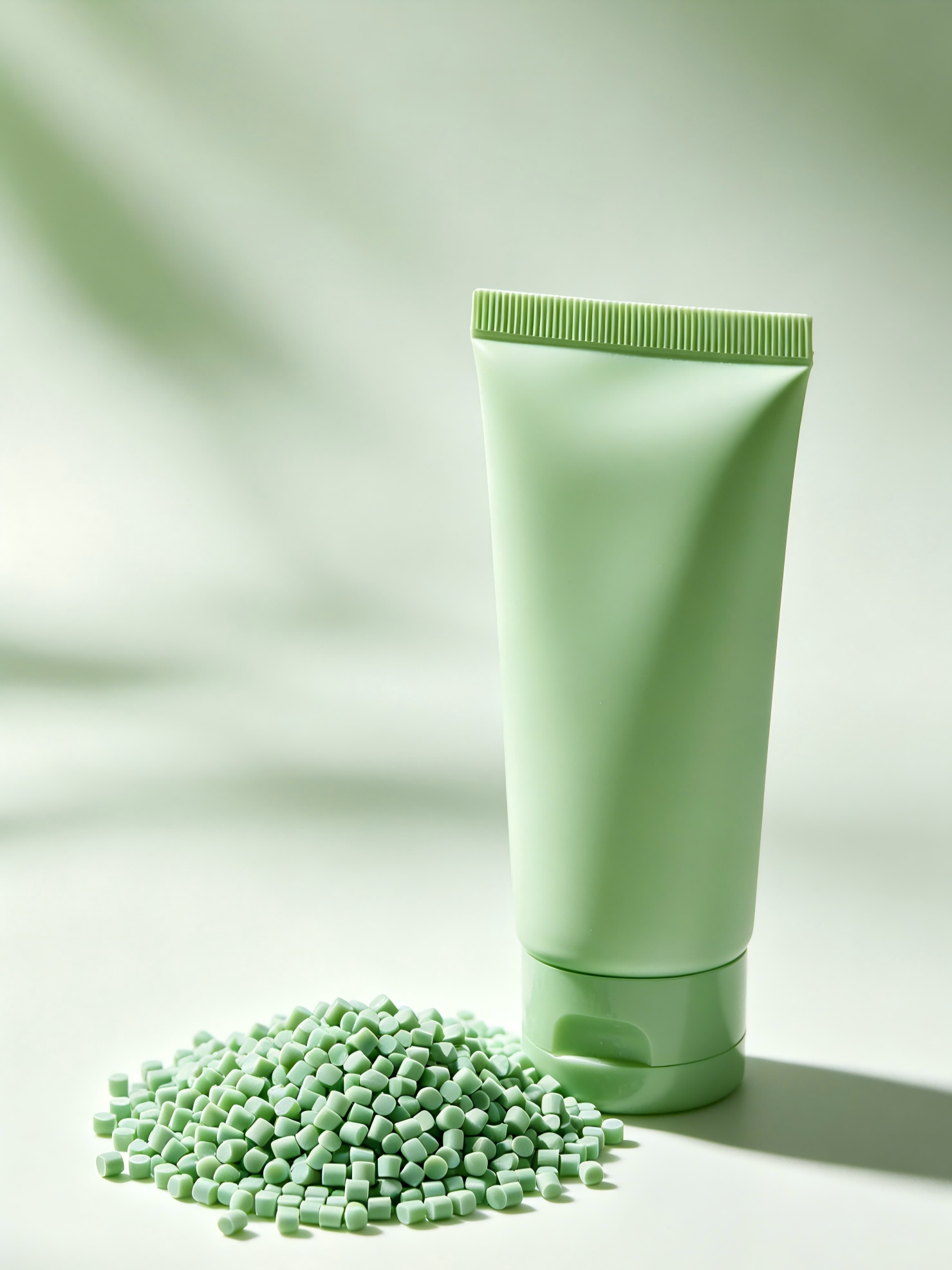 Matte light green empty PCR cosmetic squeeze tube with recycled plastic pellets, sustainable eco-friendly packaging product photography, soft natural leaf shadow background